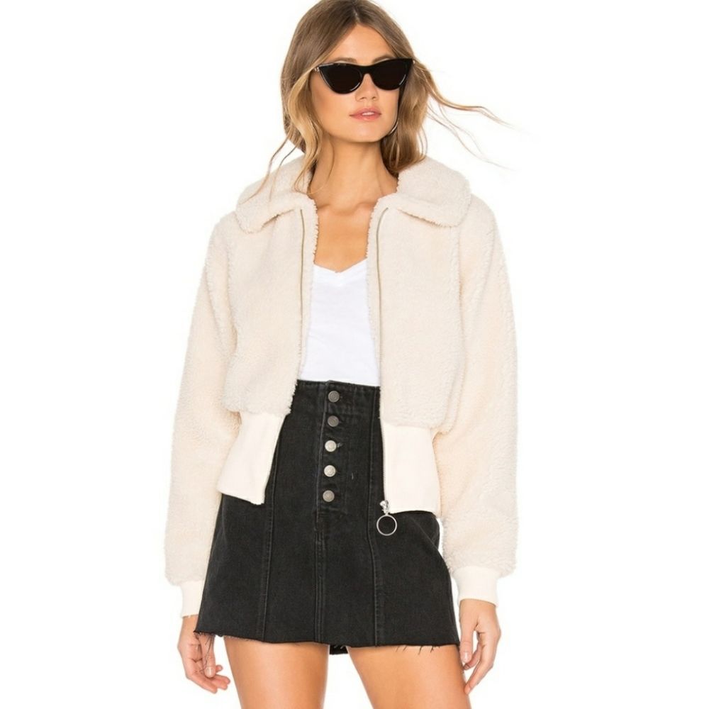 Lovers + Friends Coco Shearling Zip Up Bomber Jacket Women's Size Xs Ivory